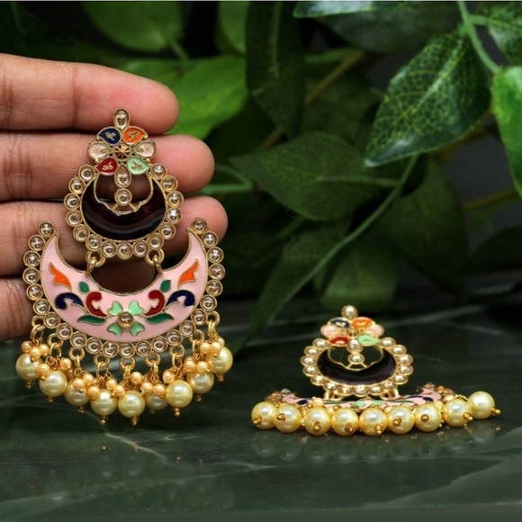 Hand Crafted Jewelry - Kundan meenakari dangling earrings